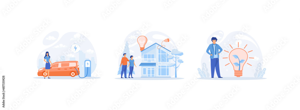 Green energy, Modern eco private house with solar energy panels and smart home technology. Ecology 2 set flat vector modern illustration