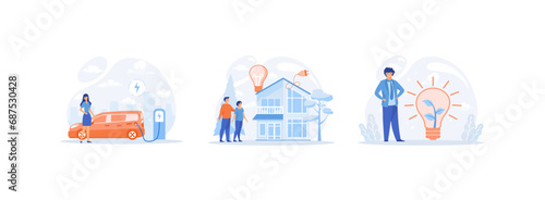 Green energy, Modern eco private house with solar energy panels and smart home technology. Ecology 2 set flat vector modern illustration