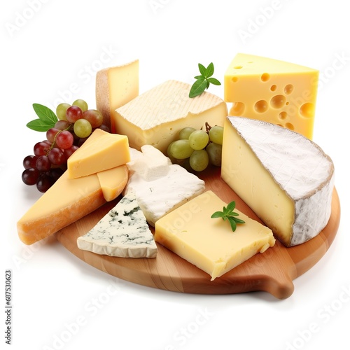 Cheese board. Grape. Cheese bowl. Berries. Cheese platter. Strawberry. Cheese isolated on white background. Healthy food. Natural fats. Cheese and fruits. Wooden plate full of cheese. Butter