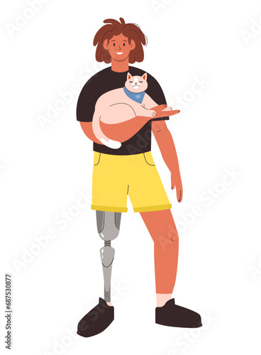 Young man with a prosthetic leg. Pet owner with a cat. Diverse people with disabilities. Flat vector illustration.