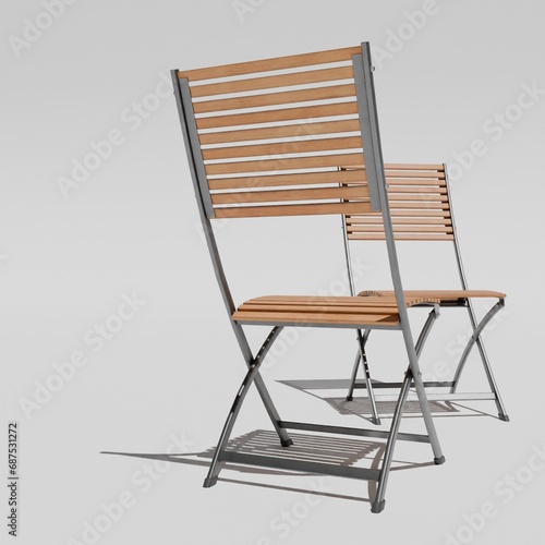 3d rendering two wooden chair isolated on white background with sunlight from close up.