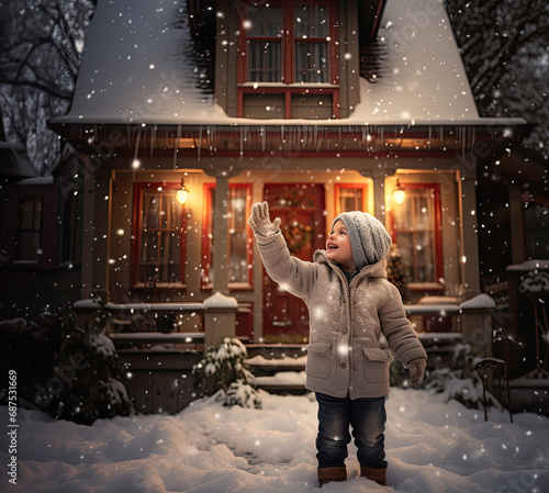 Smiling child playing in first snow in front of Christmas cottage