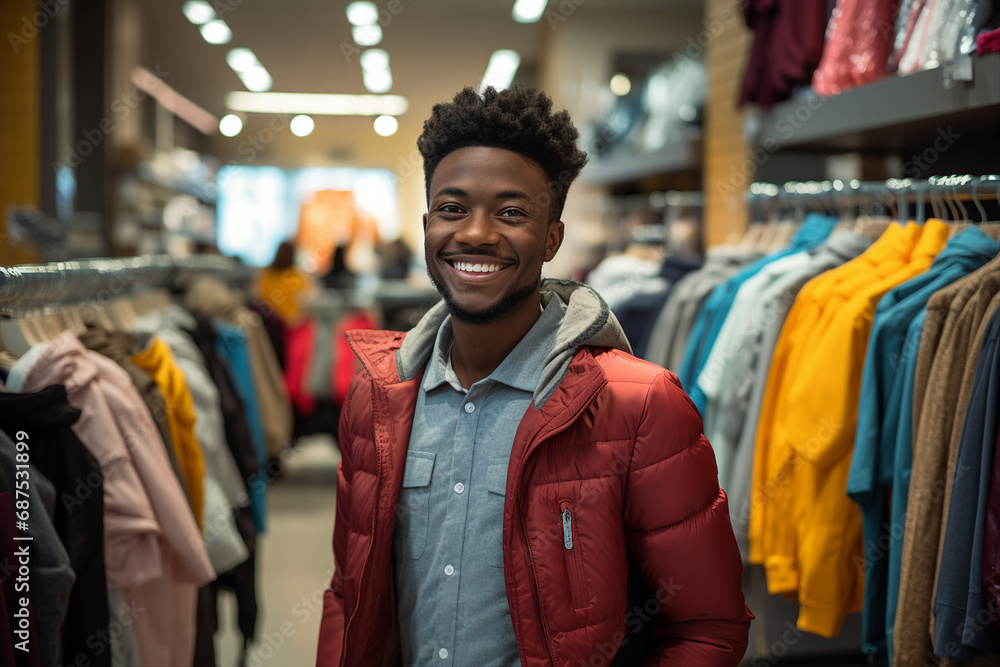 Generative AI picture Cheerful person shopaholic enjoy buying stuff clothes low prices store