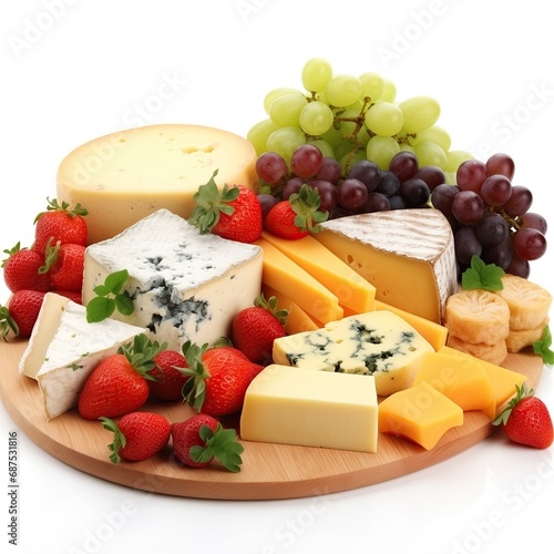 Cheese board. Grape. Cheese bowl. Berries. Cheese platter. Strawberry. Cheese isolated on white background. Healthy food. Natural fats. Cheese and fruits. Wooden plate full of cheese. Butter