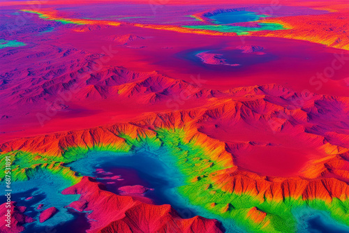 Infrared thermography land mapping of a region with mountains and valleys showing colored gradients of heat due to different soil absorption of solar radiation. Aerial view of thermal scan imaging. photo