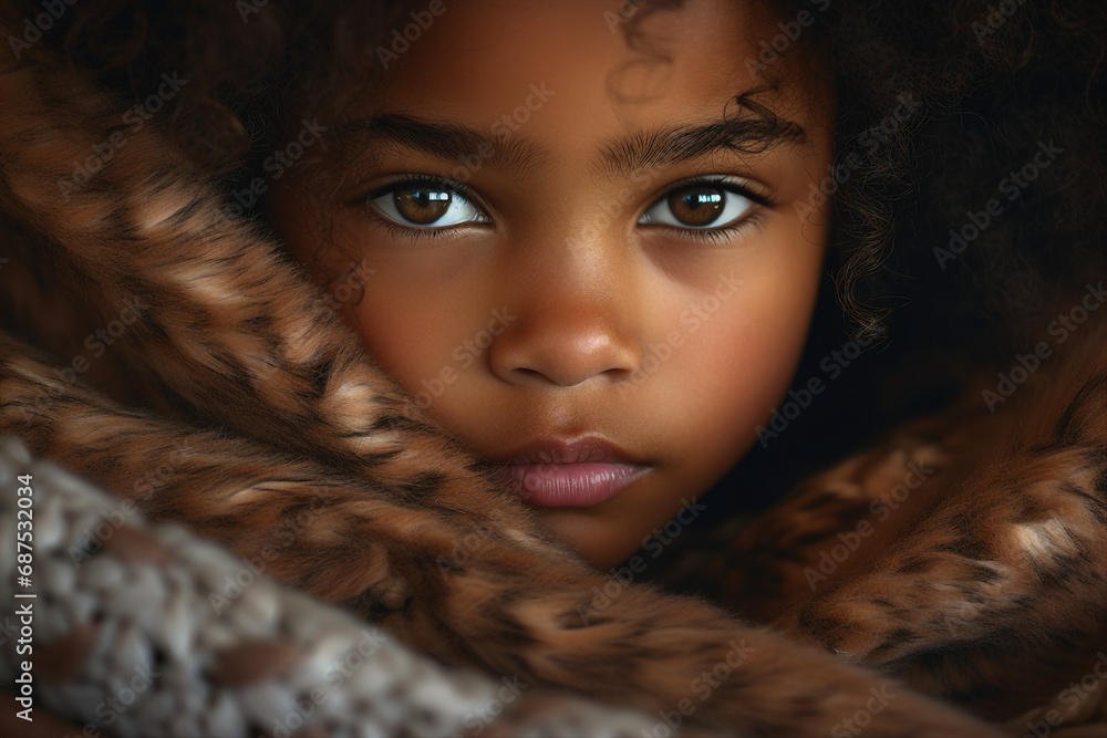 Generative AI closeup portrait charming little kid wrapped in warm laundry blanket waking up weekend Generative AI closeup portrait charming little kid wrapped in warm laundry blanket waking up weekend