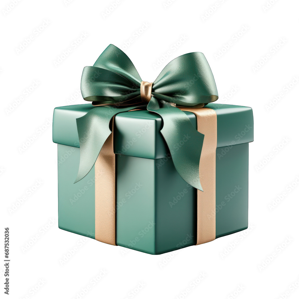 Green Gift Box with Gold Bow Isolated on Transparent or White Background, PNG Green Gift Box with Gold Bow Isolated on Transparent or White Background, PNG