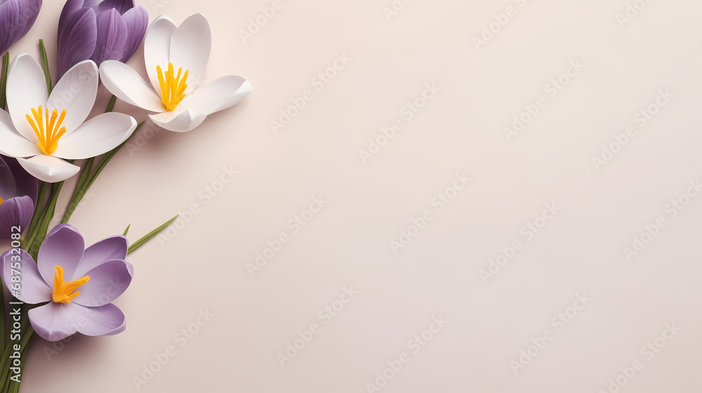 Naklejka premium Spring, Easter floral concept. White and violet crocuses, saffron flowers on beige cardboard, table background. Minimal natural composition, web banner. Flat lay, top, copy space