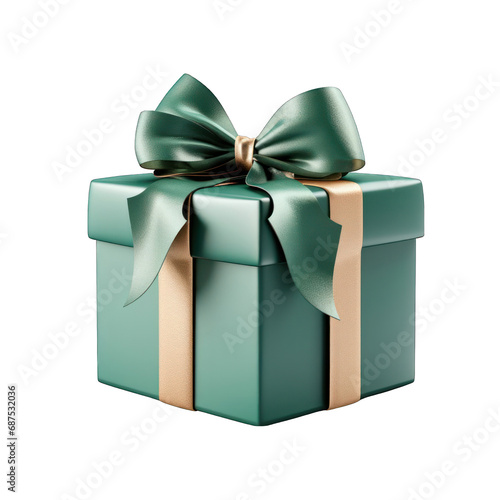 Green Gift Box with Gold Bow Isolated on Transparent or White Background, PNG