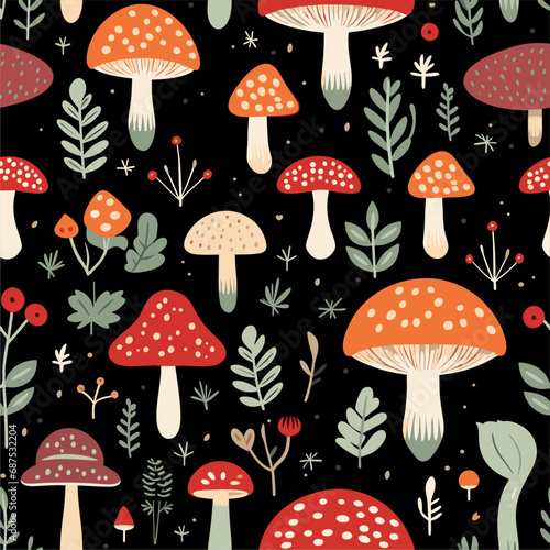 Mushroom seamless pattern. Vector art. Ready for print or sticker pattern. Black background