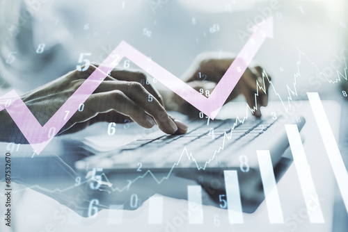 Abstract creative financial graph with upward arrow and hands typing on laptop on background, forex and investment concept. Multiexposure photo