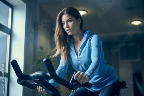 Active fitness woman working out on exercise bike at the gym with window background. Female exercising on bicycle in health club. Close up focus on legs.