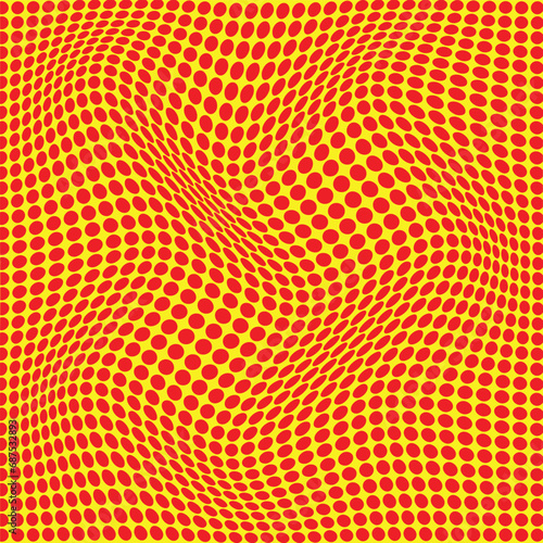 abstract geometric seamless red dot wave pattern with yellow background.