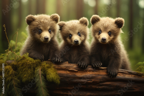Generative ai image group of baby brown wild bears walk in forest