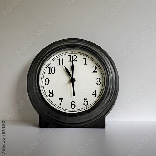 Clock striking 12:00 on simple white background Ai generated photo 