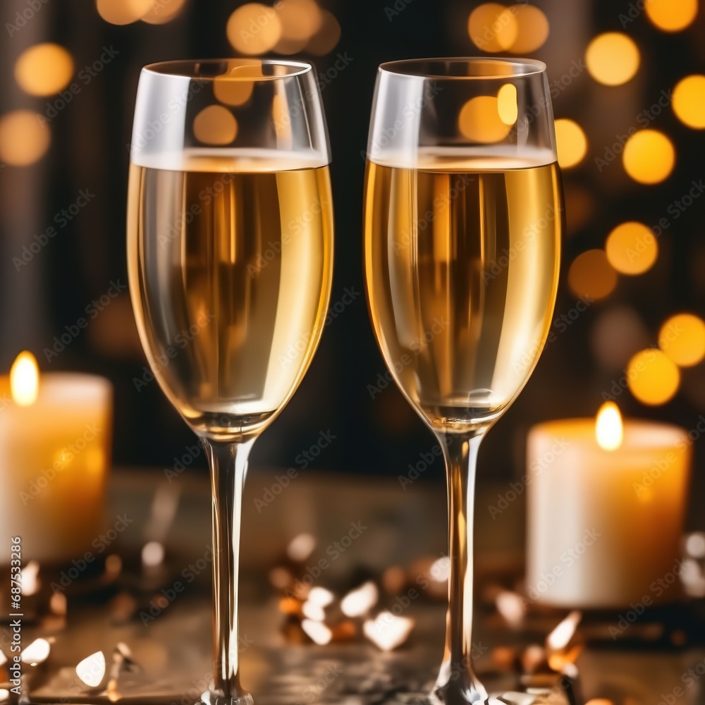 two glasses of champagne against a background of bokeh lights. two glasses of champagne against a background of bokeh lights.
