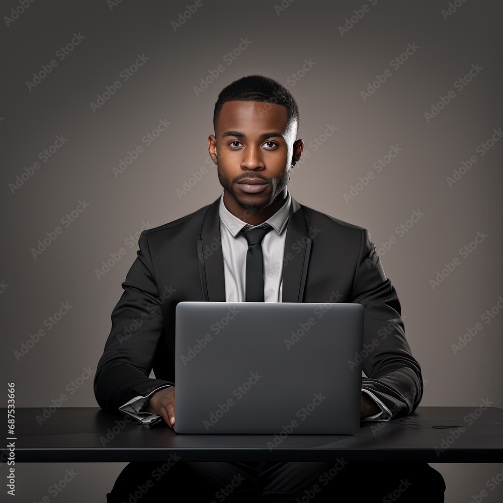 Professional man in a suit in front of a laptop looking very serious Professional man in a suit in front of a laptop looking very serious