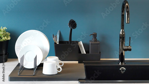 Dish drainer and cleaning tools by the sink on blue kitchen wallpaper. photo