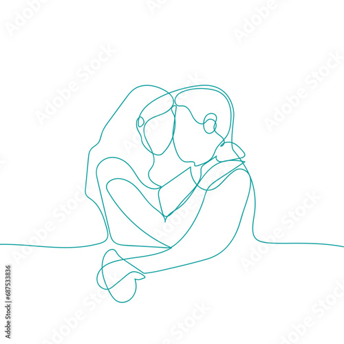 happy couple vector illustration, continuous one line drawing of hug love symbol.