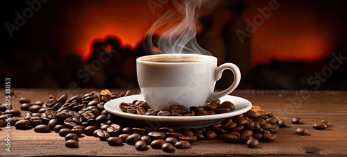 White cup of coffee with steam surrounded by coffee beans banner 