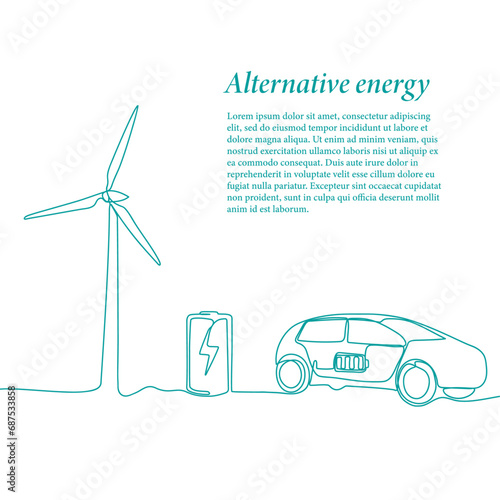 Wind turbine with storage battery and car. Green energy and renewable source of power concept in simple linear style. Doodle vector illustration.