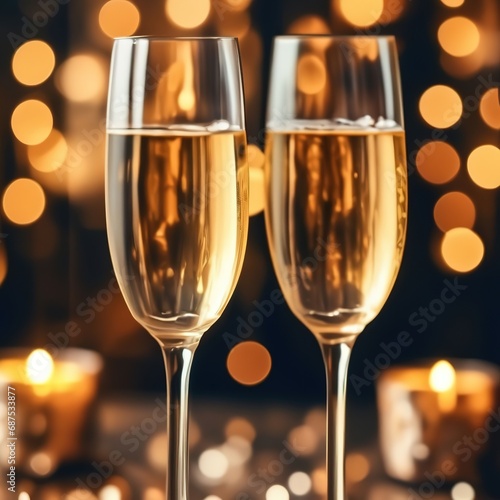 two glasses of champagne against a background of bokeh lights.