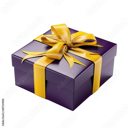 Purple Gift Box with Yellow Bow Isolated on Transparent or White Background, PNG