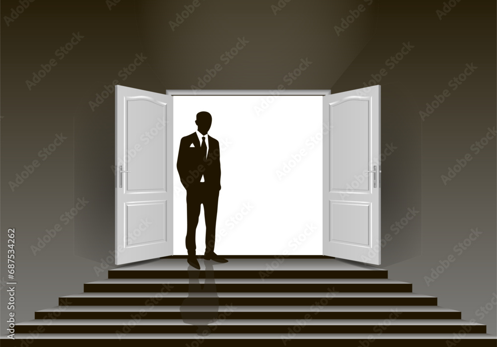 Fototapeta premium The interior of an empty dark room with an open door and the silhouette of a man in a suit. Free up space for copying the 3d image.