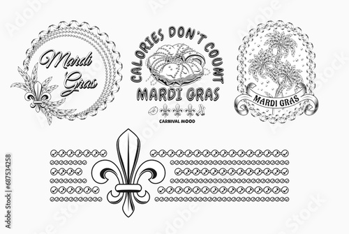 Carnival Mardi Gras labels with Fleur de Lis, holiday food, party streamers, strings of beads, text Vintage illustrations on white background For prints, clothing, t shirt, holiday goods, stuff design
