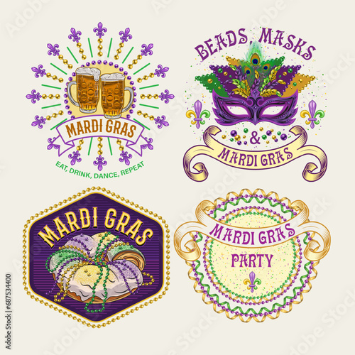 Carnival Mardi Gras labels with masquerade mask, holiday food, party streamers, beads, text. Vintage illustrations on white background. For prints, clothing, t shirt, holiday goods, stuff design