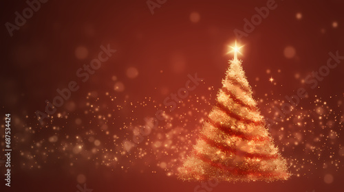 golden lights with christmas tree on red background,bright decoration for merry xmas greeting message.Elegant holiday season christmas card.Copy type space for text or logo