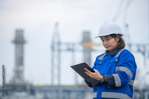 Asian woman petrochemical engineer working at oil and gas refinery plant industry factory,The people worker man engineer work control at power plant energy industry manufacturing
