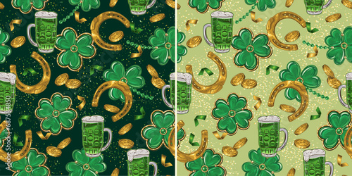 St Patricks day seamless pattern with clover, lucky 4 shamrock leaves, golden horseshoe amulet, scattered coins, confetti, glasses of green beer Vintage illustration for prints, textile holiday design