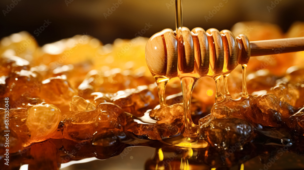 Honey dripping from a wooden honey dipper on a background of honeycombs. 
