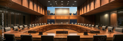 A large conference room with a chandelier hanging from the ceiling.