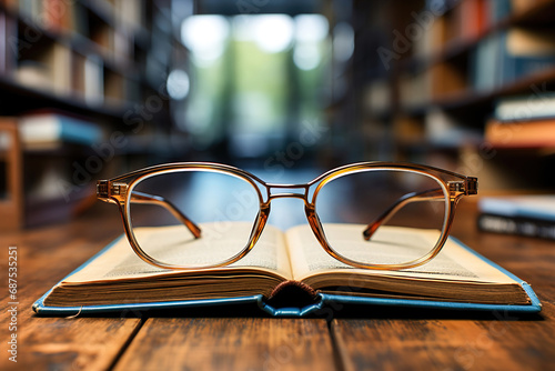 A book with eyeglasses on top of it, home library on background.