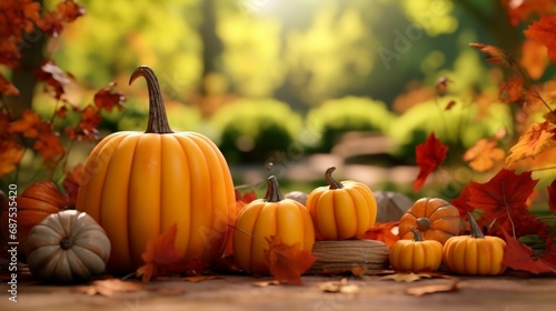 Background of autumn with pumpkins and maple leaves.Background of Thanksgiving or the harvest