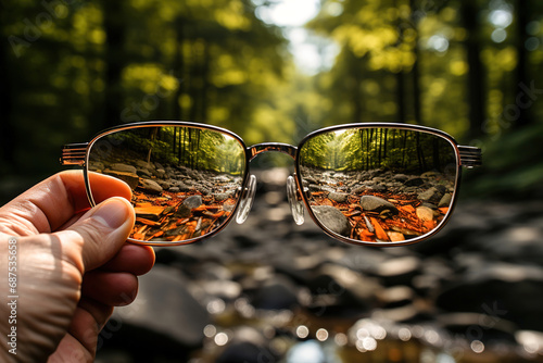 Eyeglasses and forest on the background.