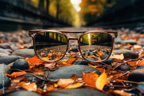 Eyeglasses sitting on autumn leaves and stones in the forest.