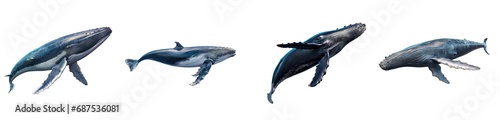 Group of humpback whales swimming low angle, isolated on transparent background, PNG file photo
