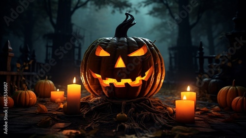 Jack-o-lantern pumpkin with lit candles for Halloween In a spooky forest with a full moon and a wooden table, there are pumpkins in a graveyard