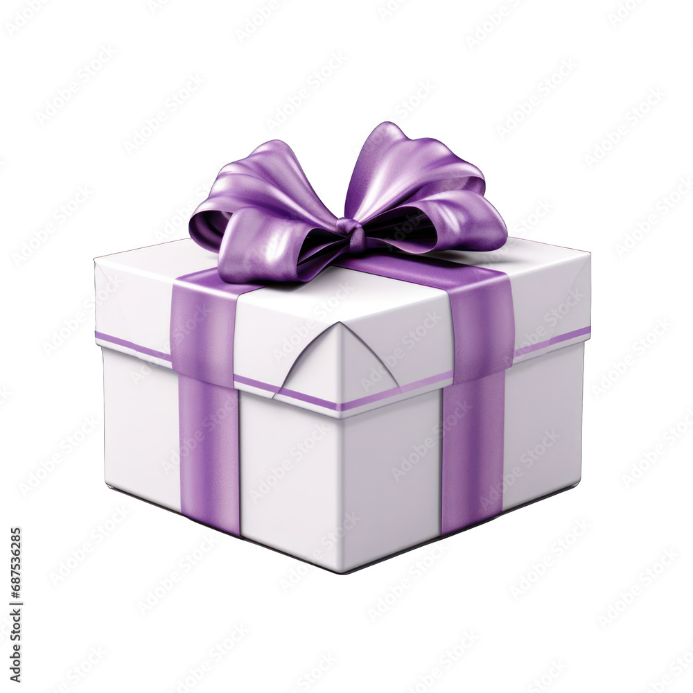 White Gift Box with Purple Bow Isolated on Transparent or White Background, PNG White Gift Box with Purple Bow Isolated on Transparent or White Background, PNG