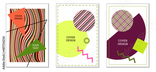 Geometric cover design, set of 3 covers. Abstract unusual background in Memphis style. Bright geometric shapes in random order