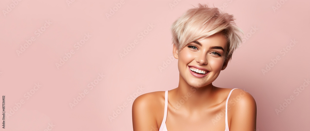 Portrait of young happy woman with rock short hairstyle. Skin care beauty, skincare cosmetics, dental concept, isolated over pink background. Portrait of young happy woman with rock short hairstyle. Skin care beauty, skincare cosmetics, dental concept, isolated over pink background.