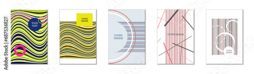 Geometric cover design, set of 5 covers. Abstract unusual background in Memphis style. Bright geometric shapes in random order
