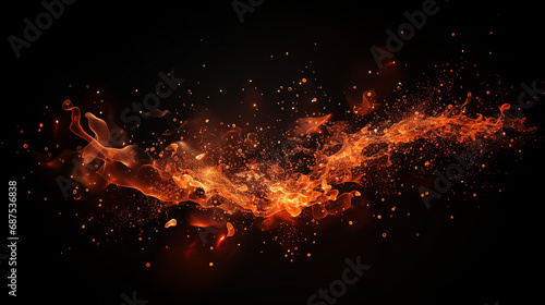 Captivating Fire Particles Effect: Dynamic Abstract Dust and Debris in Isolation on a Black Background - Vibrant Flames, Glowing Embers, and Explosive Energy.