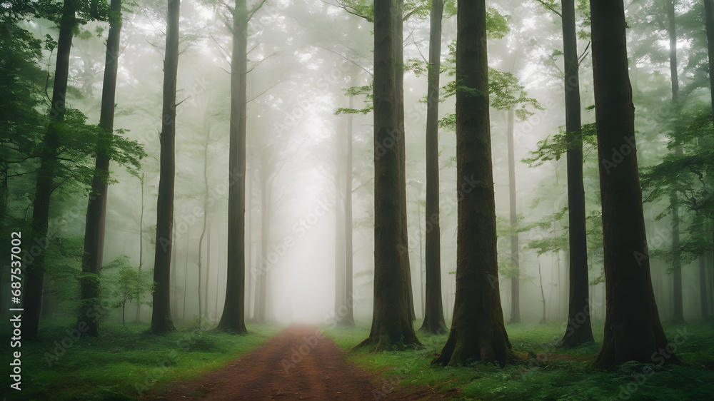 Road in forest with huge trees at foggy morning. Generative Ai