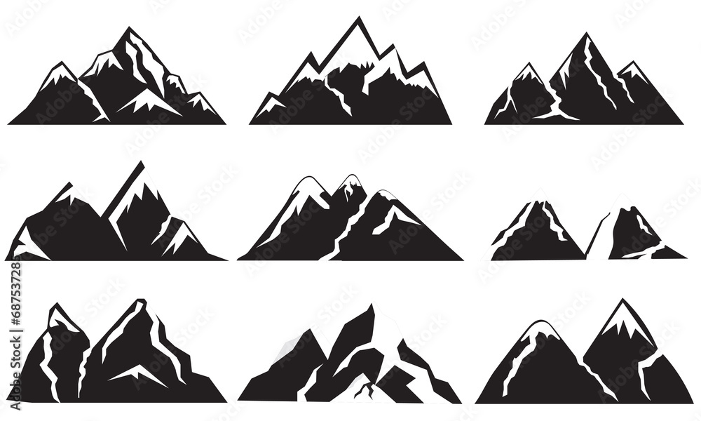 Mountain vector set. Black Mountain Silhouettes, hill, symbol, Clipart. Vintage mountains icons collection Set of hill shapes isolated on white background. Mountain peak silhouettes.