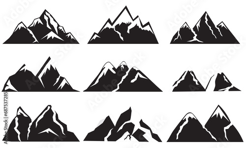 Mountain vector set. Black Mountain Silhouettes, hill, symbol, Clipart. Vintage mountains icons collection Set of hill shapes isolated on white background. Mountain peak silhouettes.