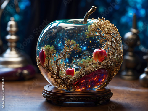 A stunning paperweight with galaxy trapped in it on table concept of  fantacy  photo